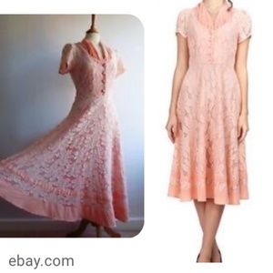 Unique Vintage Peach Lace 1940s Style Dress